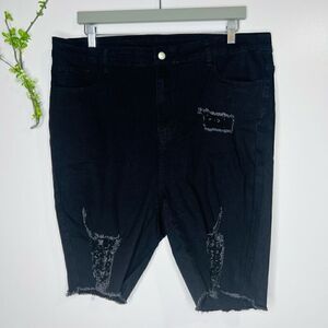 SHEIN Curve Black Bermuda Jean Shorts Distressed